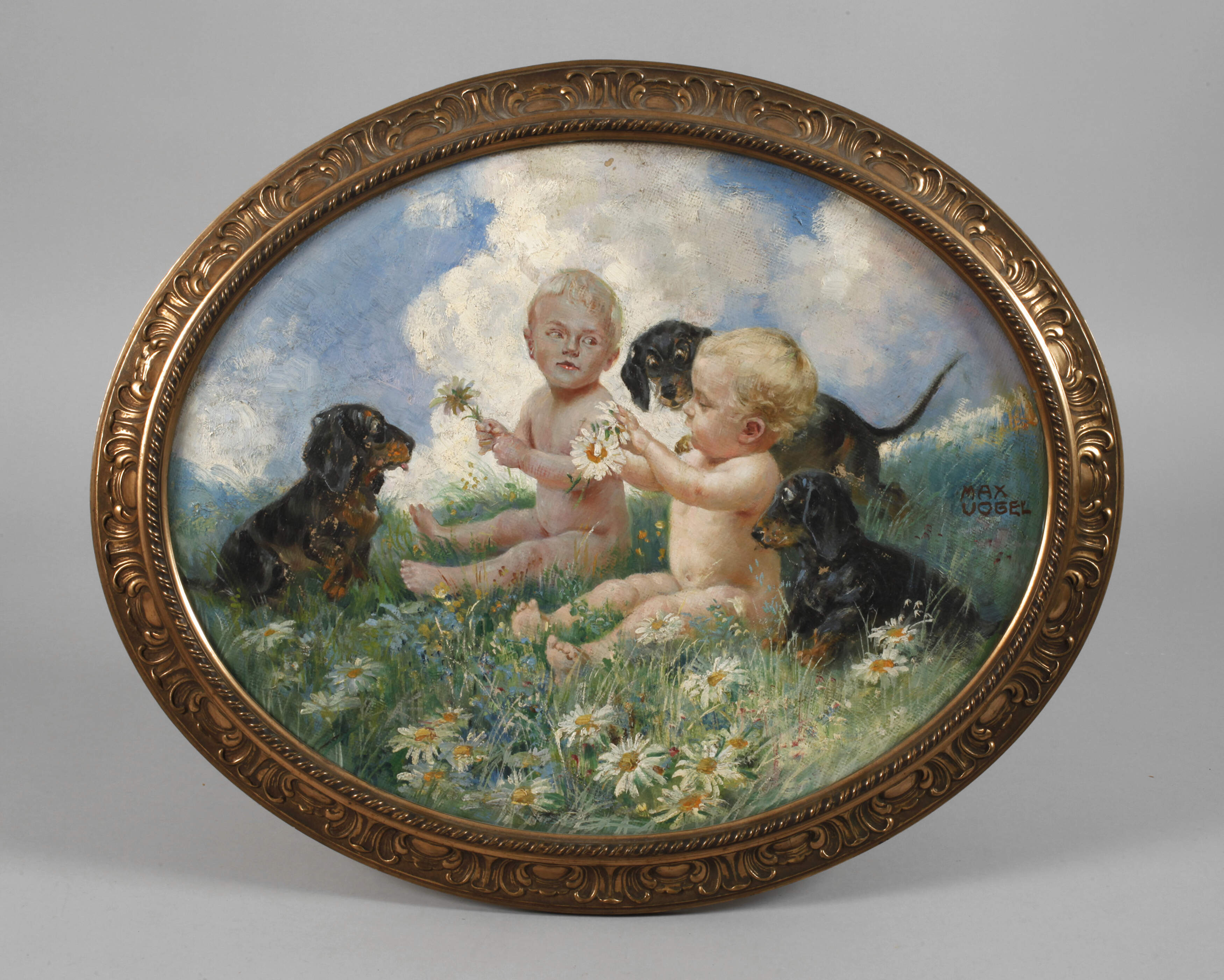 Max Vogel, Putti mit Dackeln im Gras spielend
