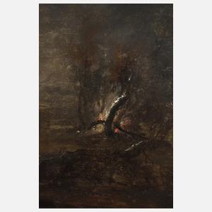 Brennender Baum in nächtlicher Landschaft