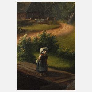 Reisigsammlerin in bergischer Landschaft