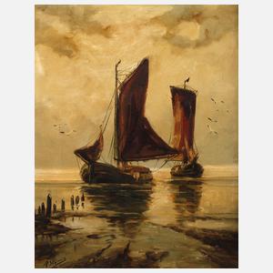 Paula Stöver, attr., Fischerboote im Sonnenaufgang