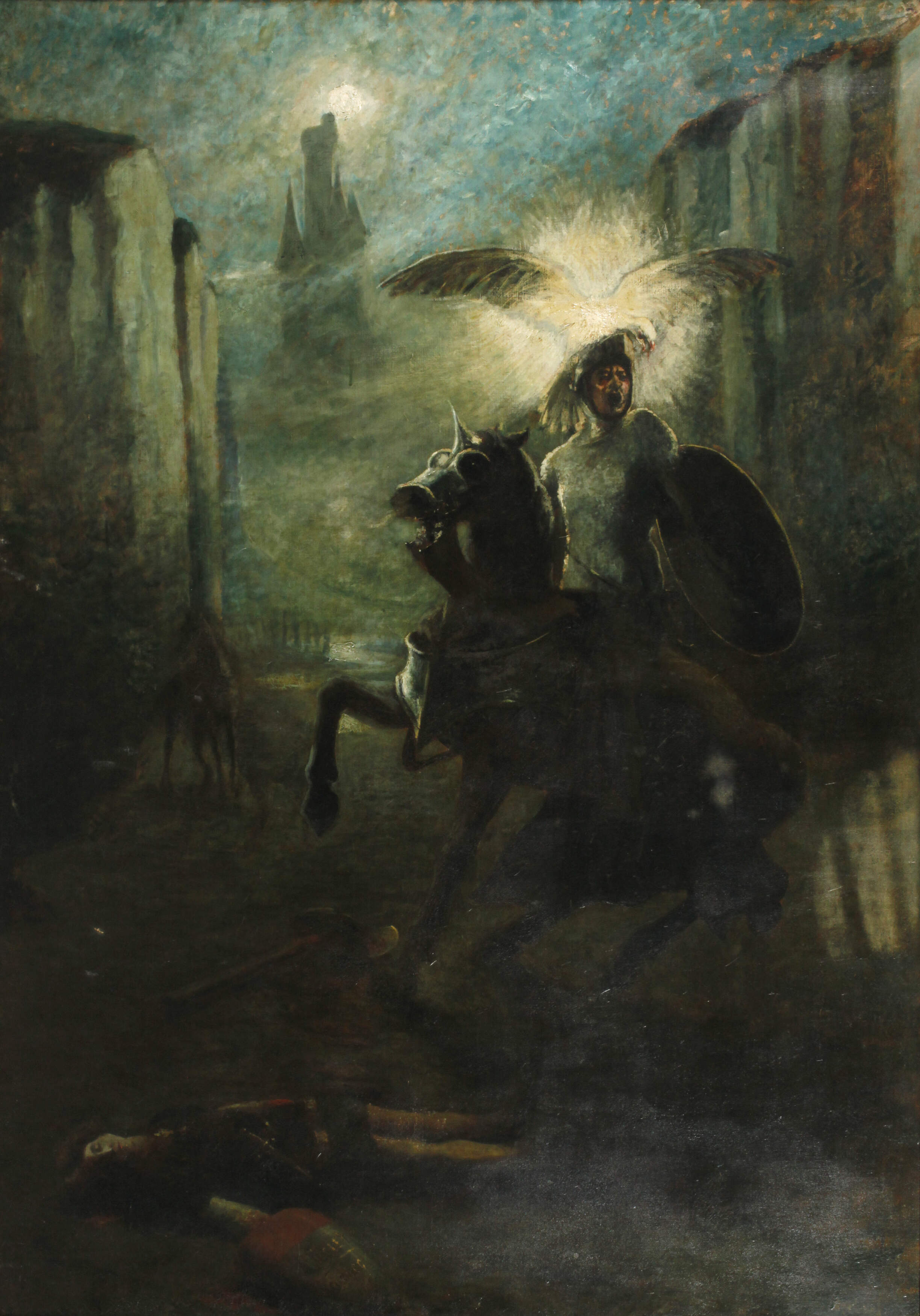 Mystische Szene mit Ritter in einer Schlucht