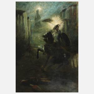 Mystische Szene mit Ritter in einer Schlucht