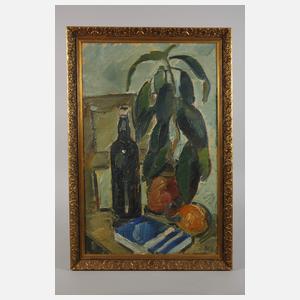 Stillleben mit Flasche und Gummibaum