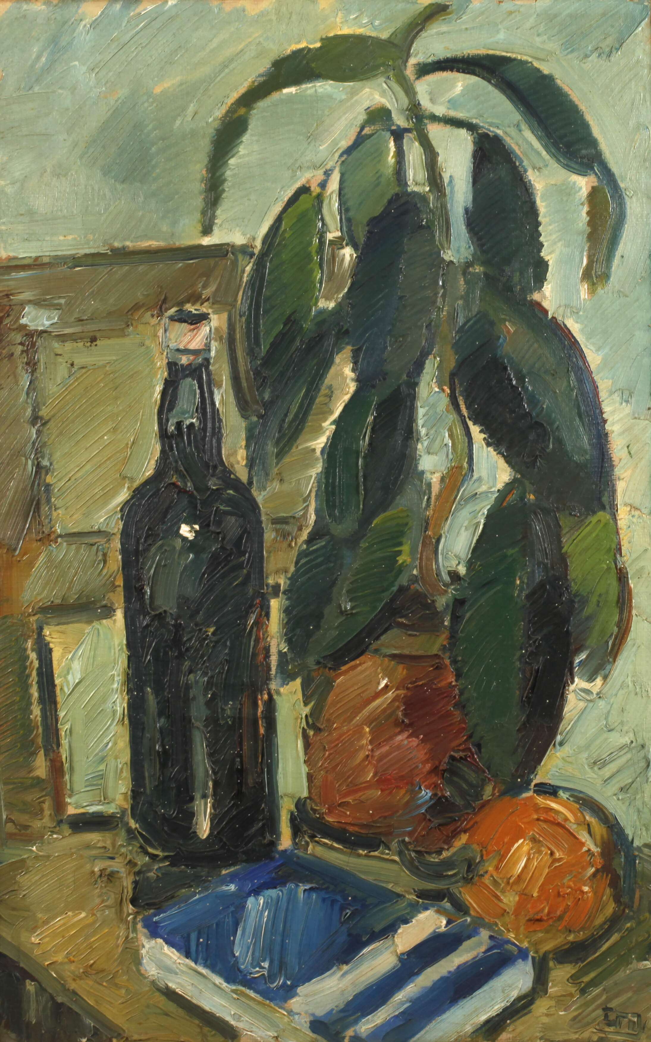 Stillleben mit Flasche und Gummibaum