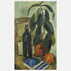 Stillleben mit Flasche und Gummibaum