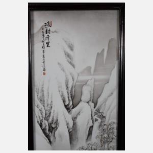 Große Porzellanmalerei "Ausritt ins winterliche Kieferntal"