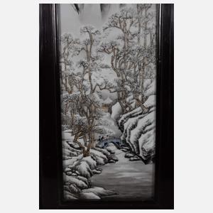 Große Porzellanmalerei "Ausritt ins winterliche Kieferntal"