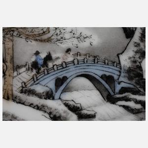 Große Porzellanmalerei "Ausritt ins winterliche Kieferntal"