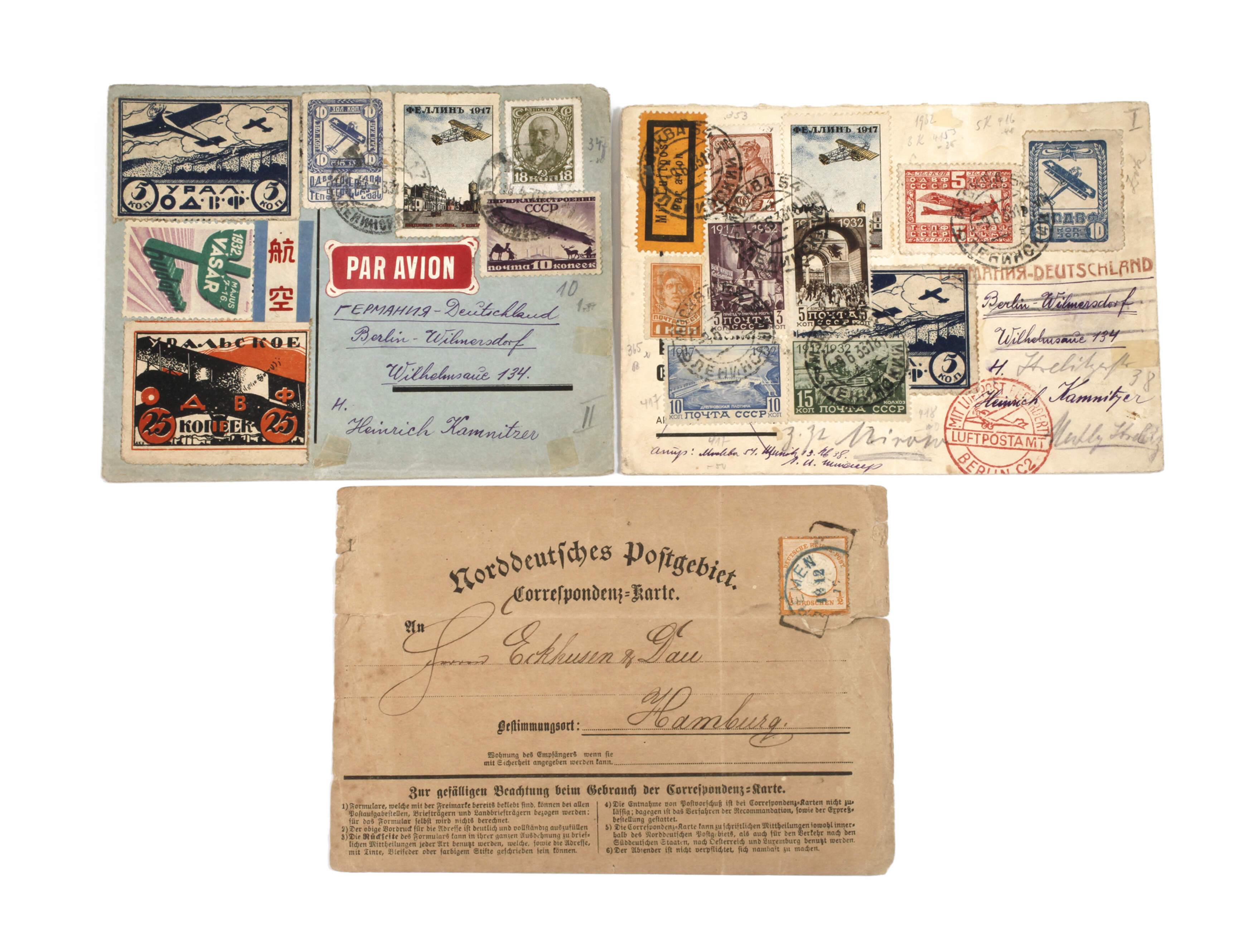 Zwei Belege Luftpost Russland–Deutschland