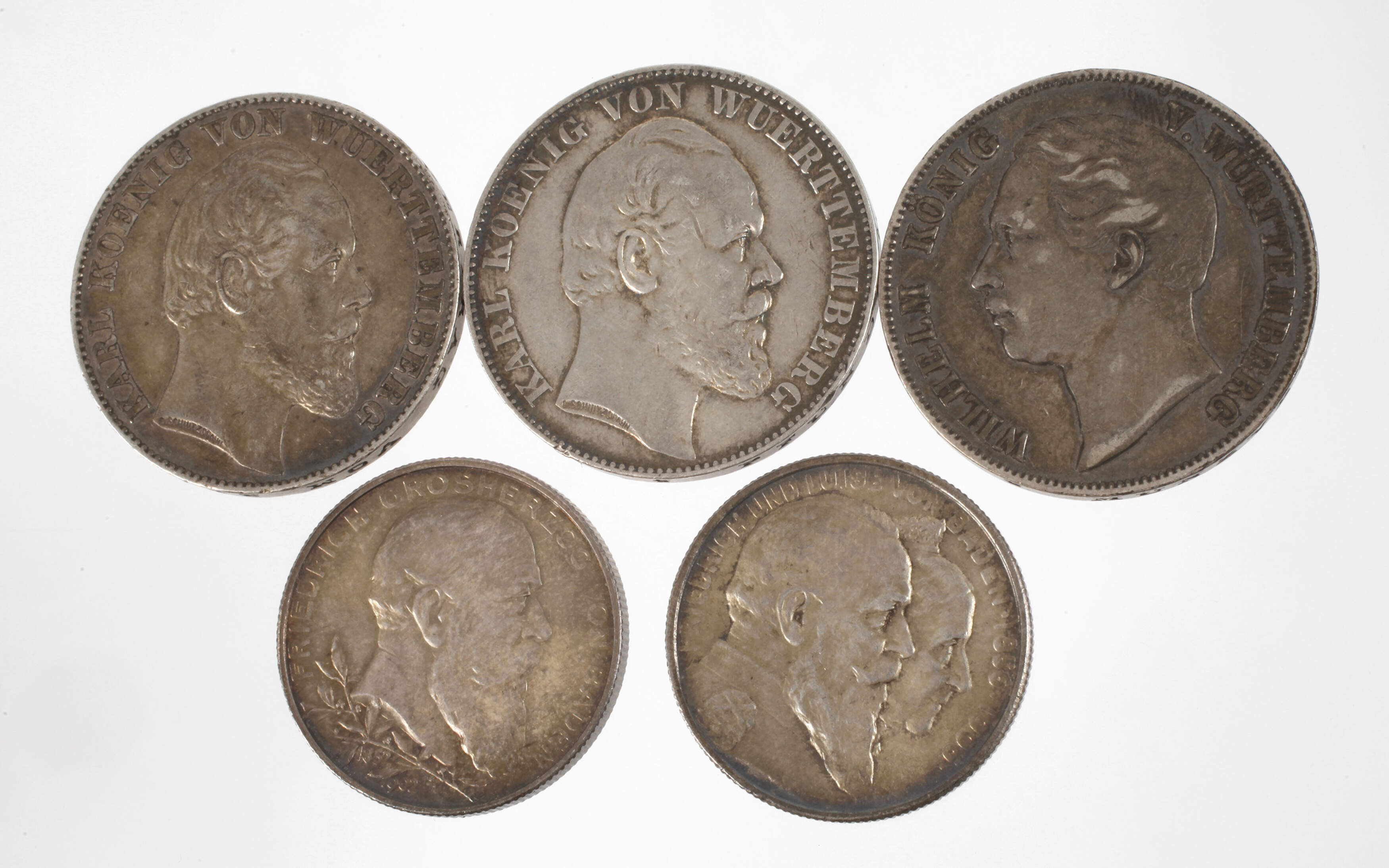 Fünf Silbermünzen Württemberg