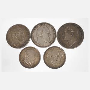 Fünf Silbermünzen Württemberg