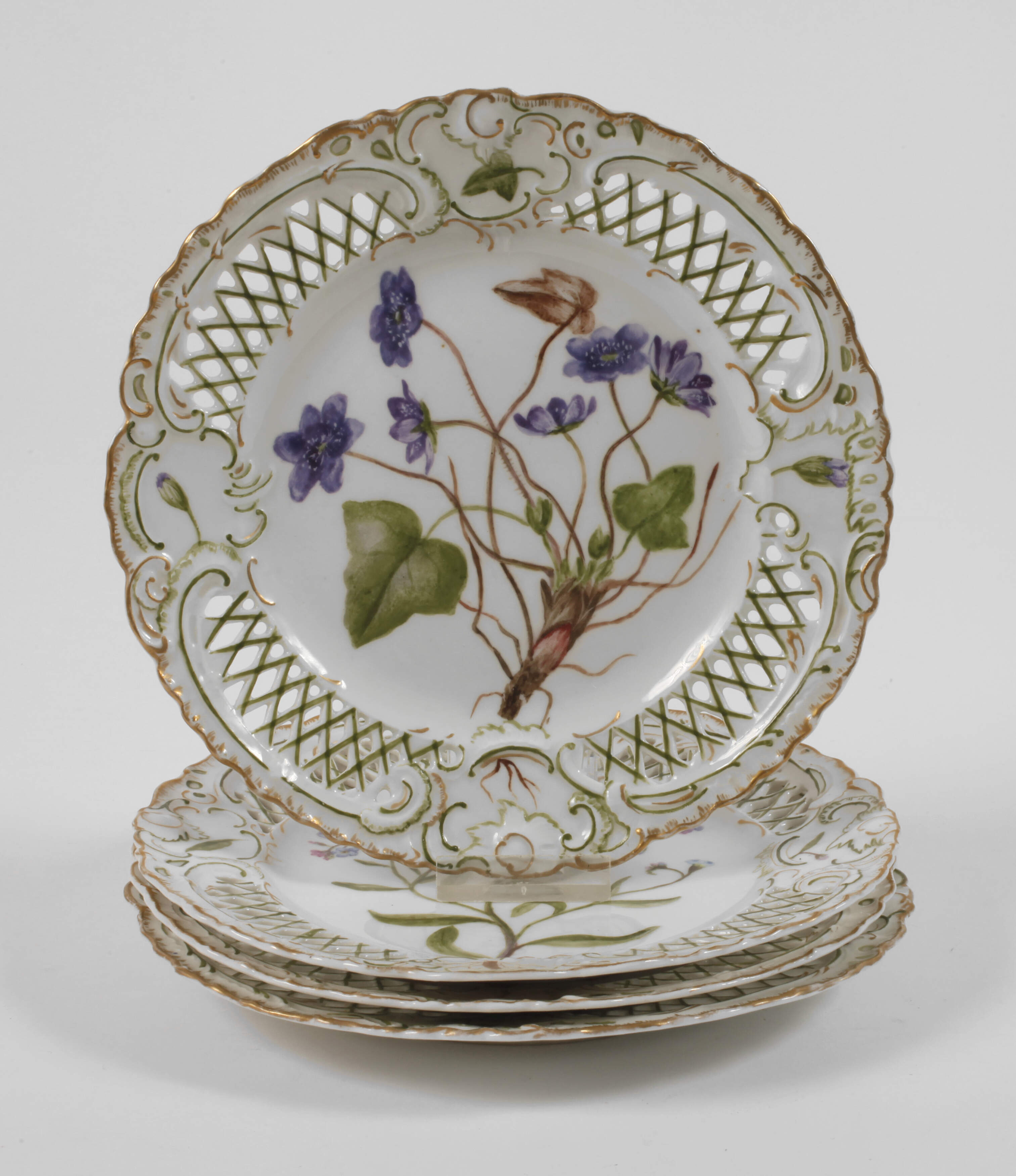 Potschappel vier Prunkteller im Flora-danica-Stil