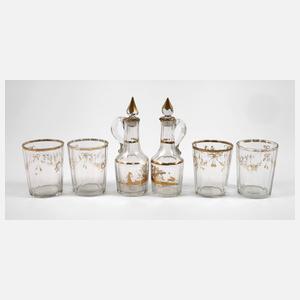 Zwei barocke Karaffen mit vier Gläsern