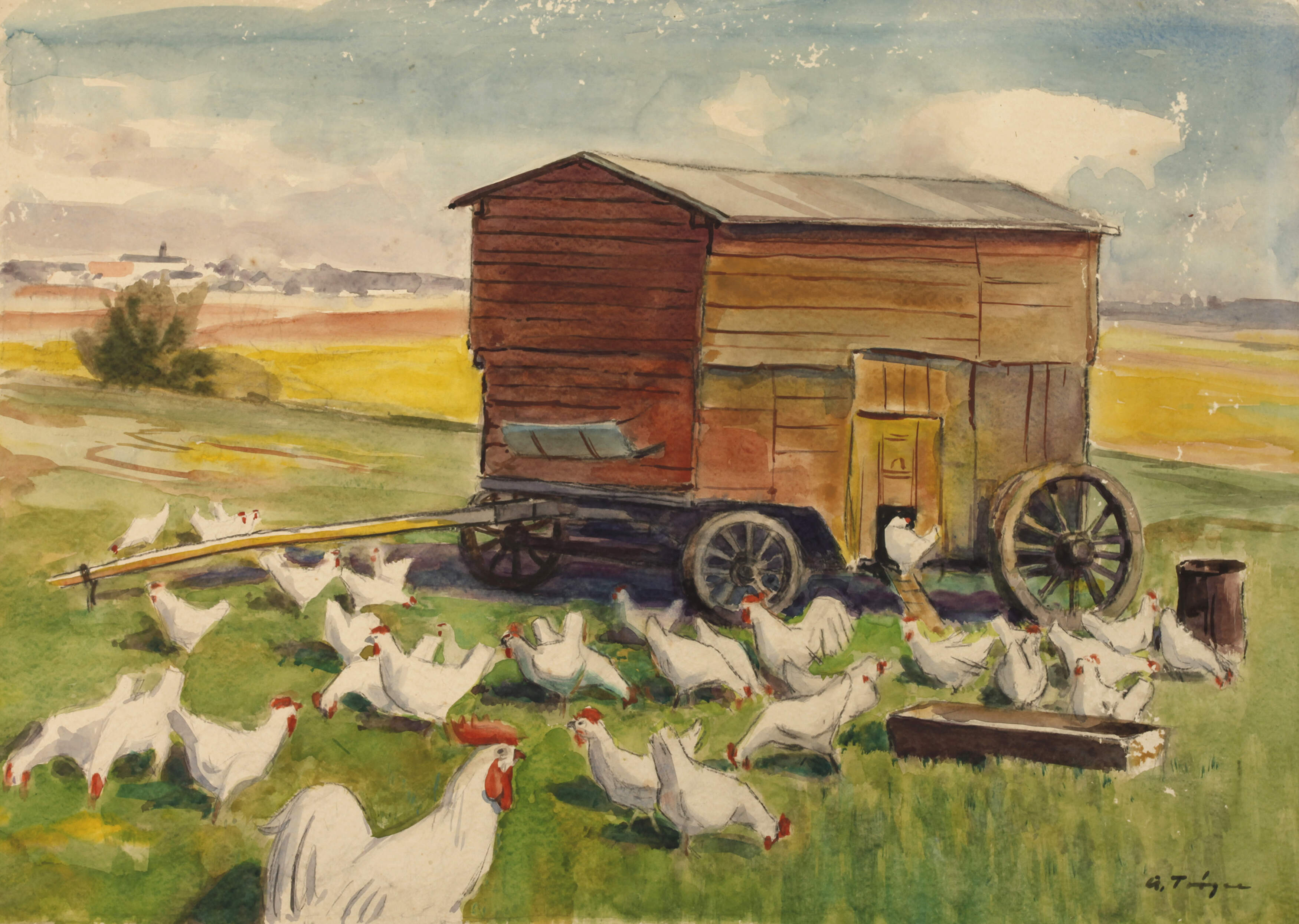 Alfred Tröger, Hühner auf der Wiese