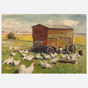 Alfred Tröger, Hühner auf der Wiese