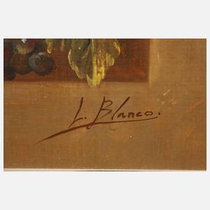 L. Blanco, Blumenstillleben mit Stieglitzen