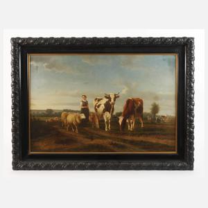 Leopold de Cauwer, Hirtin mit Schafen und Kühen
