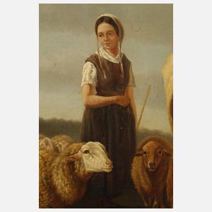 Leopold de Cauwer, Hirtin mit Schafen und Kühen