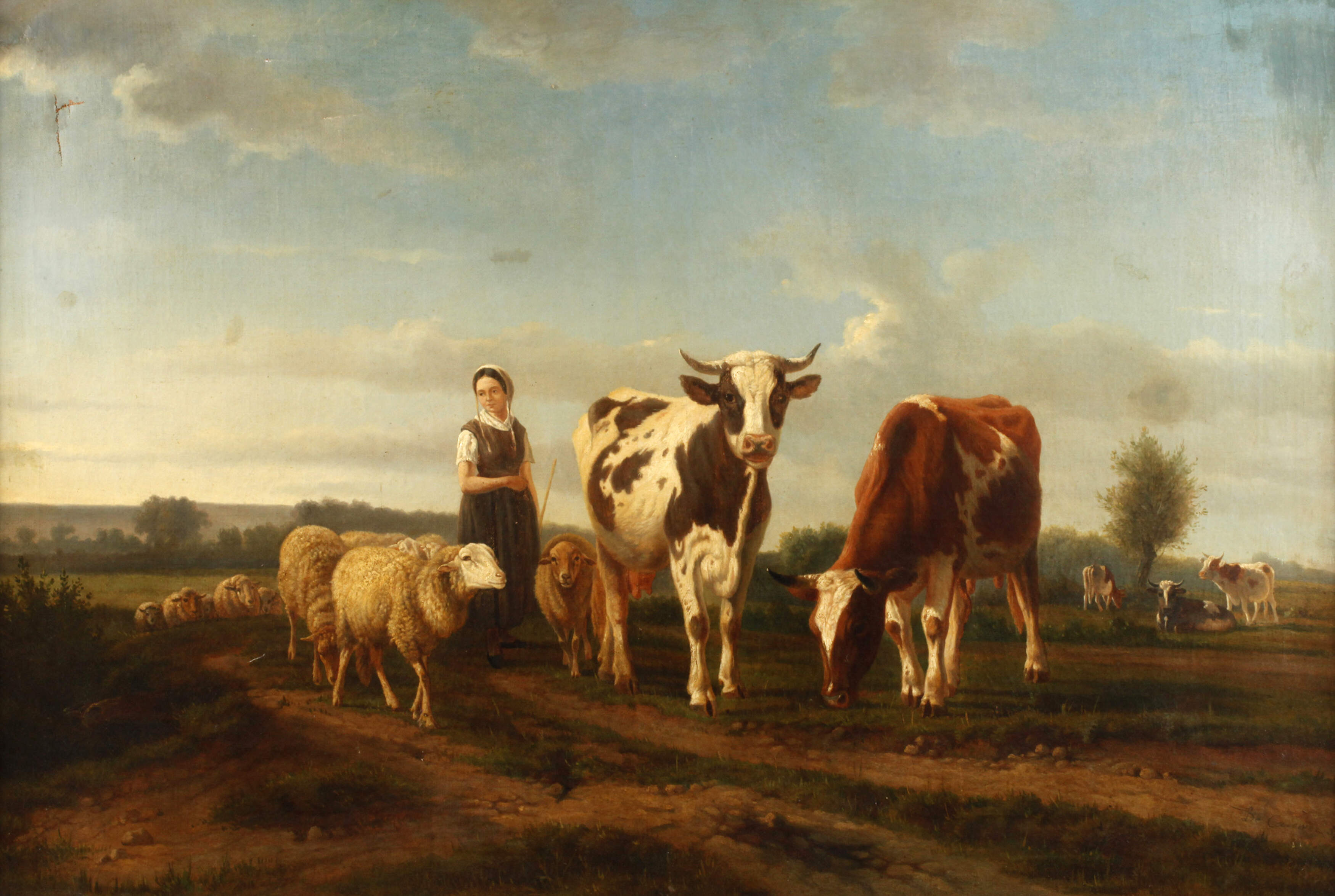 Leopold de Cauwer, Hirtin mit Schafen und Kühen