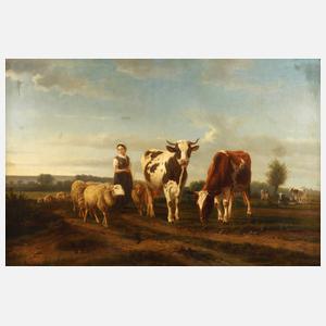 Leopold de Cauwer, Hirtin mit Schafen und Kühen