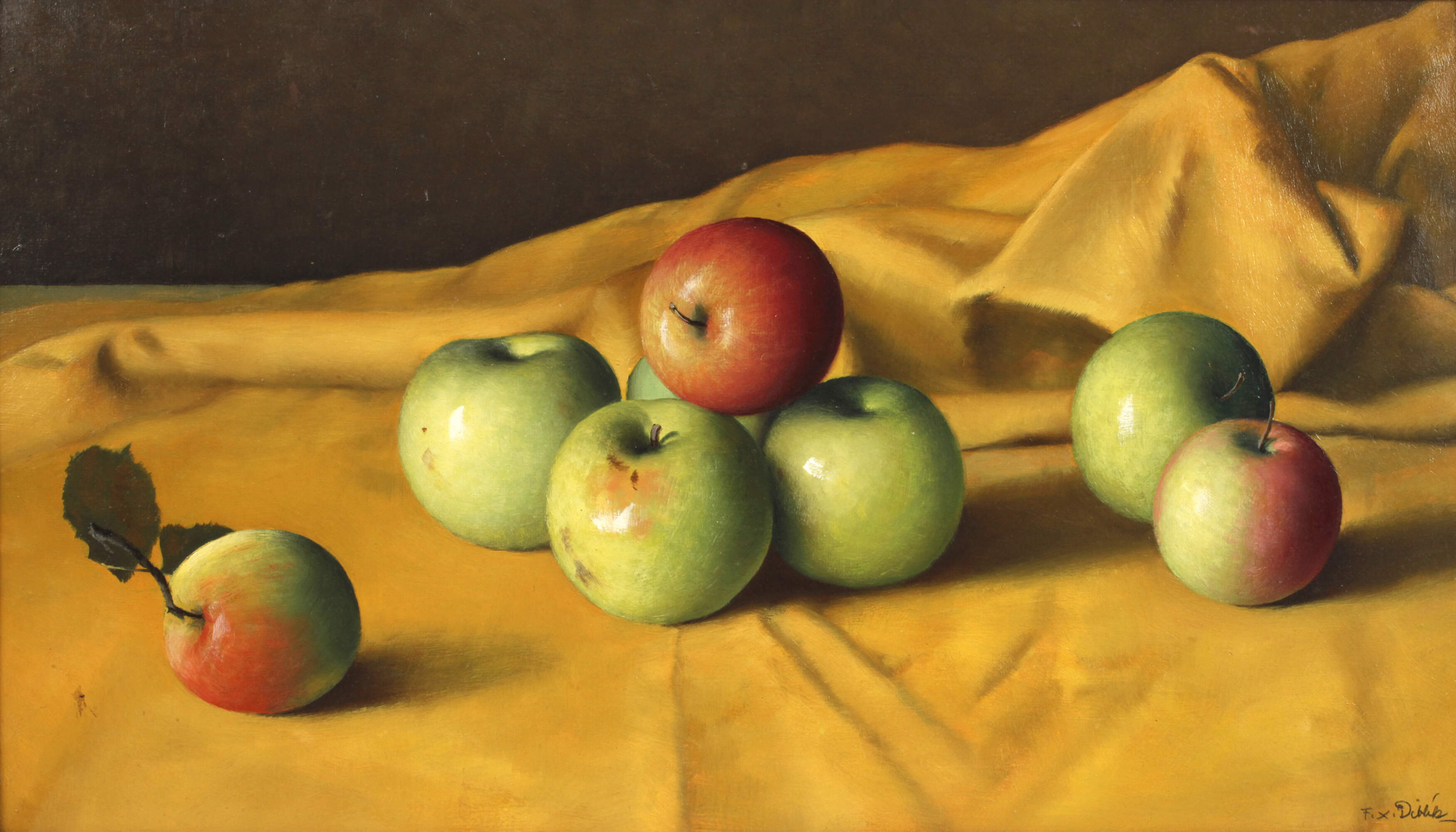 František Xaver Diblík, Stillleben mit Äpfeln auf gelbem Tuch