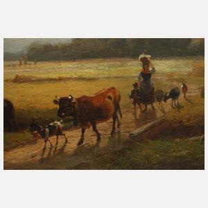 Idyllische Sommerlandschaft mit Viehhirtin