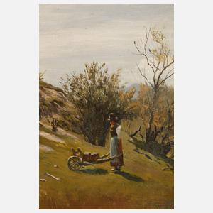 "Bergwiese mit Bäuerin und Schubkarren"