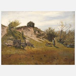 "Bergwiese mit Bäuerin und Schubkarren"