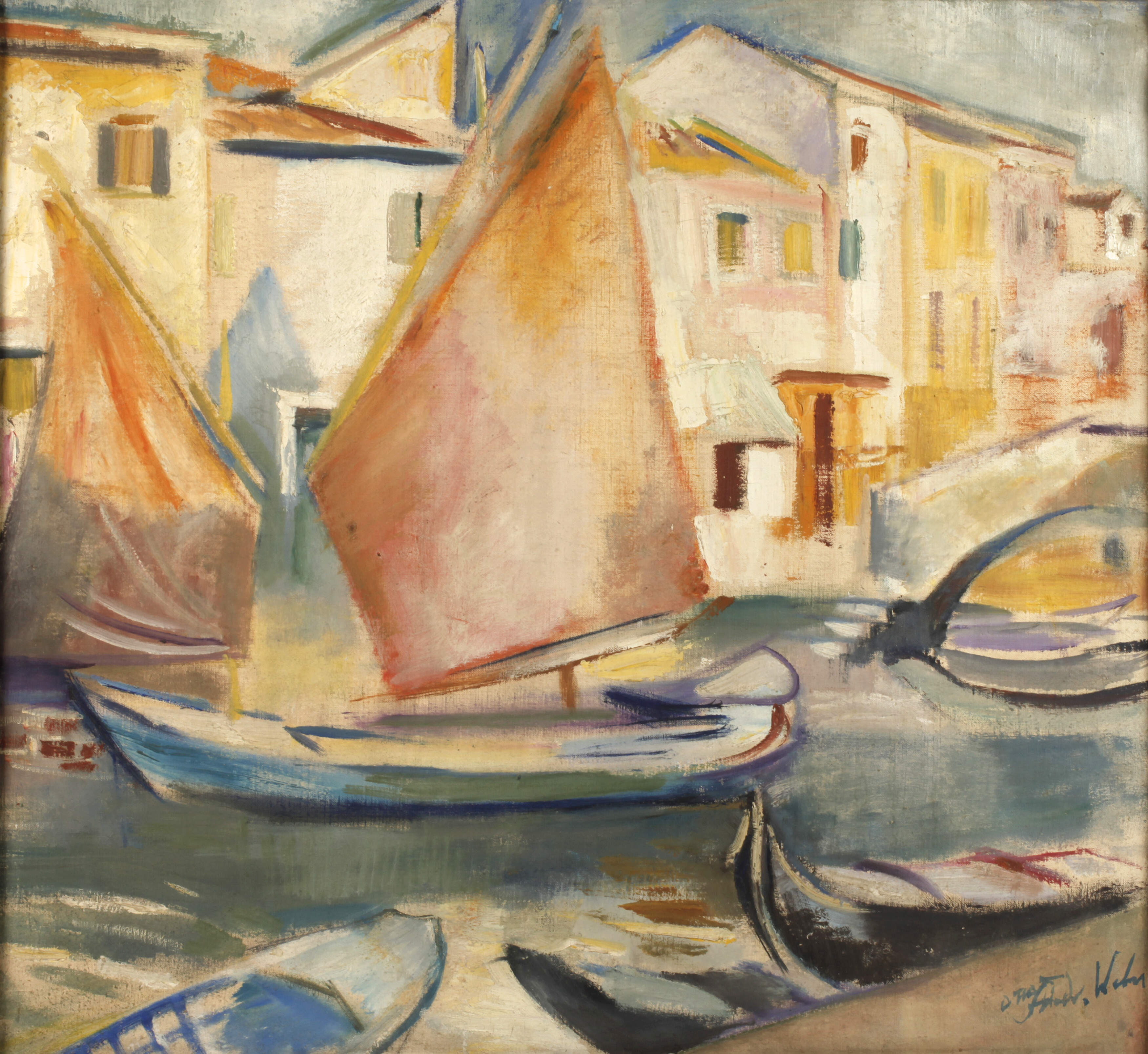 Otto Friedrich Weber, "Häuser und Schiffe am Kanal"