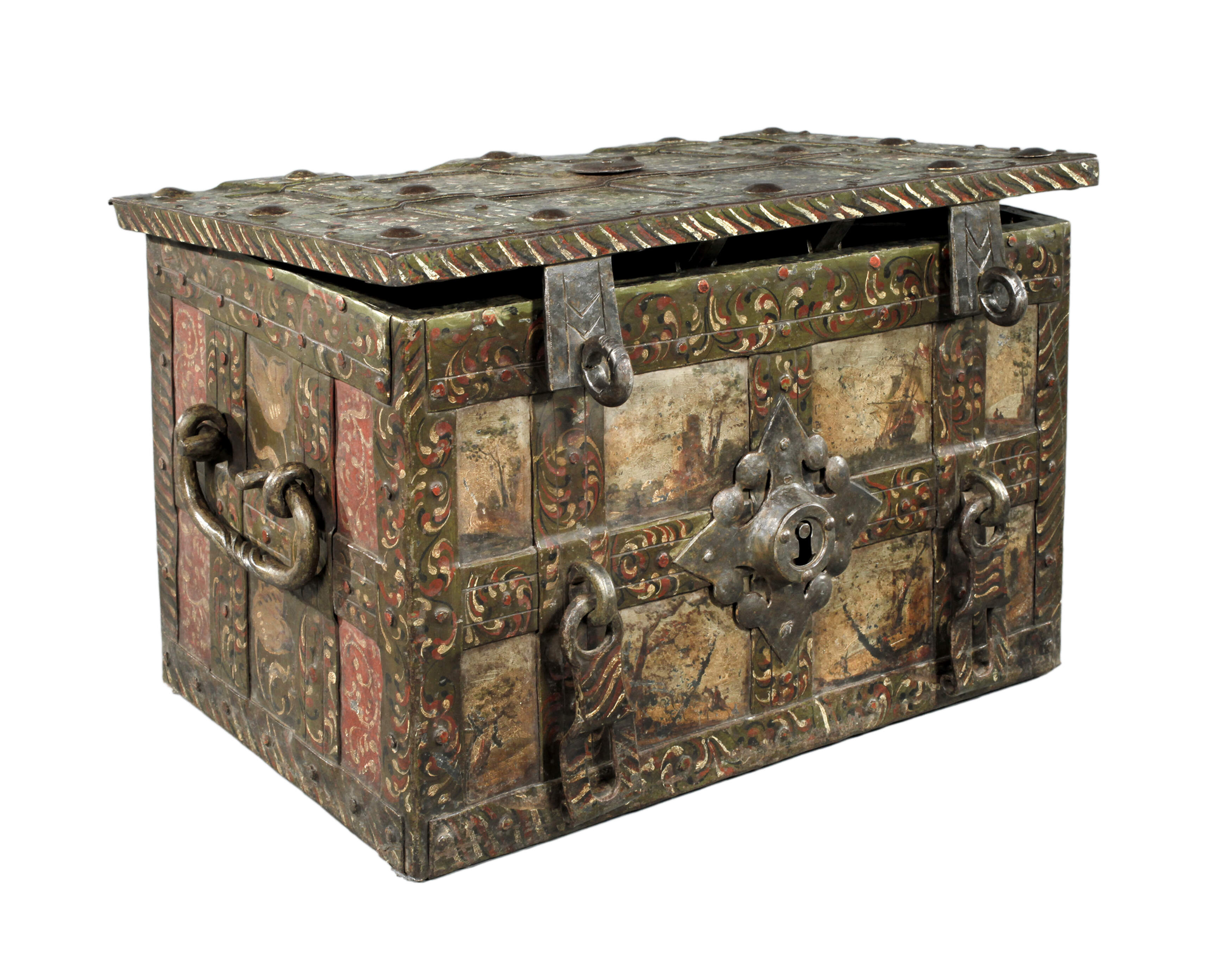 Seltene bemalte Eisentruhe