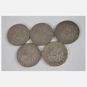 Konvolut 5 Mark Silbermünzen Kaiserreich