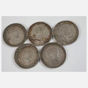 Konvolut 5 Mark Silbermünzen Kaiserreich