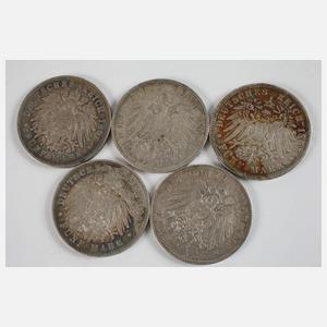 Konvolut 5 Mark Silbermünzen Kaiserreich