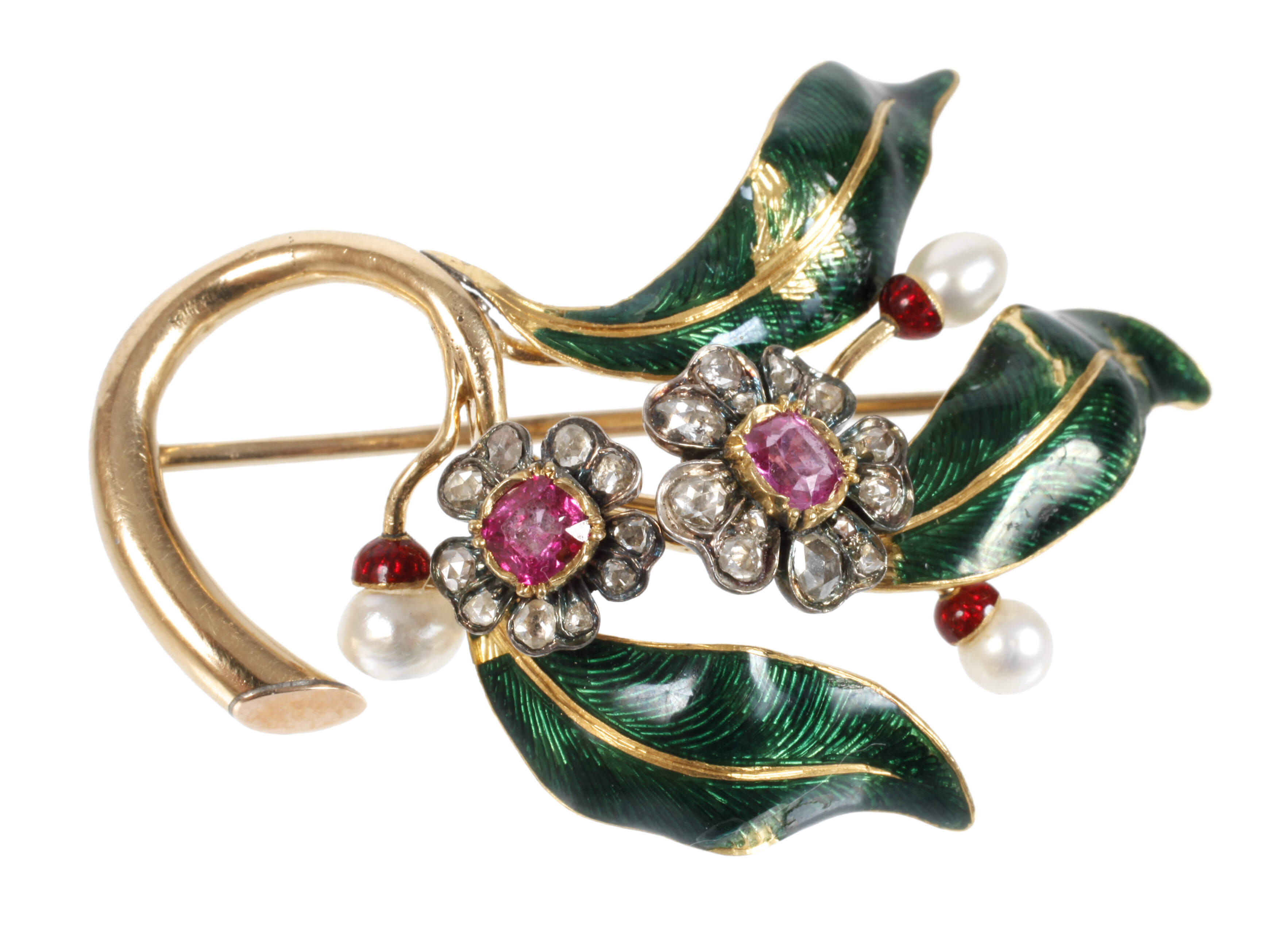 Blütenbrosche mit Diamanten, Rubinen und Perlen