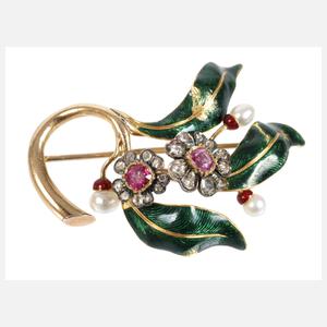 Blütenbrosche mit Diamanten, Rubinen und Perlen