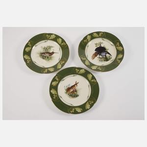 Nymphenburg Platte und sechs Teller Jagdmotive
