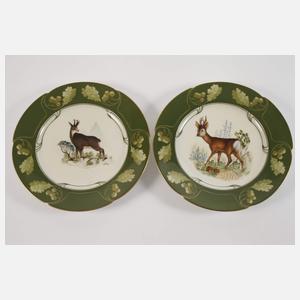 Nymphenburg Platte und sechs Teller Jagdmotive