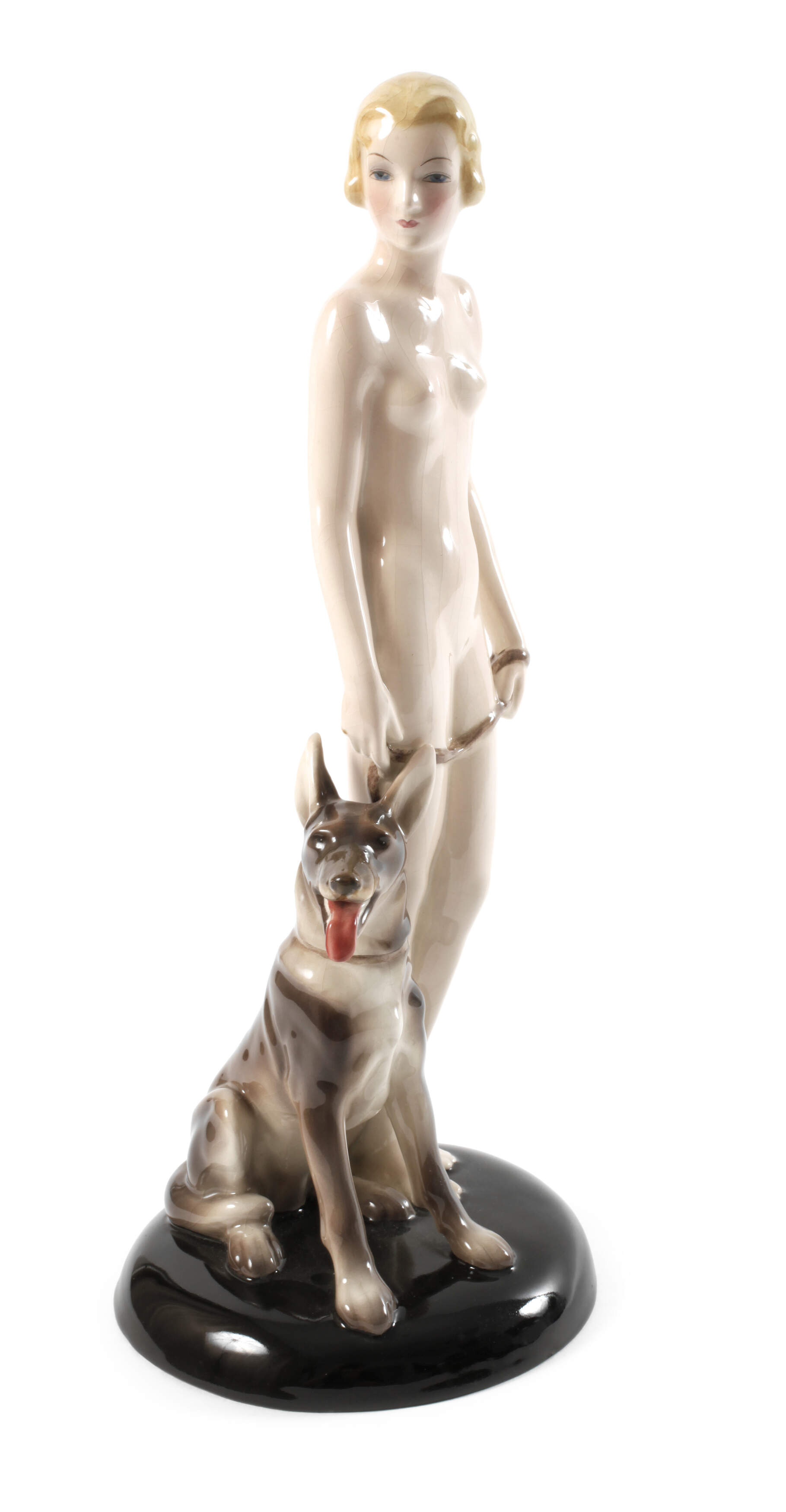 Goldscheider Wien "Damenakt mit Schäferhund"