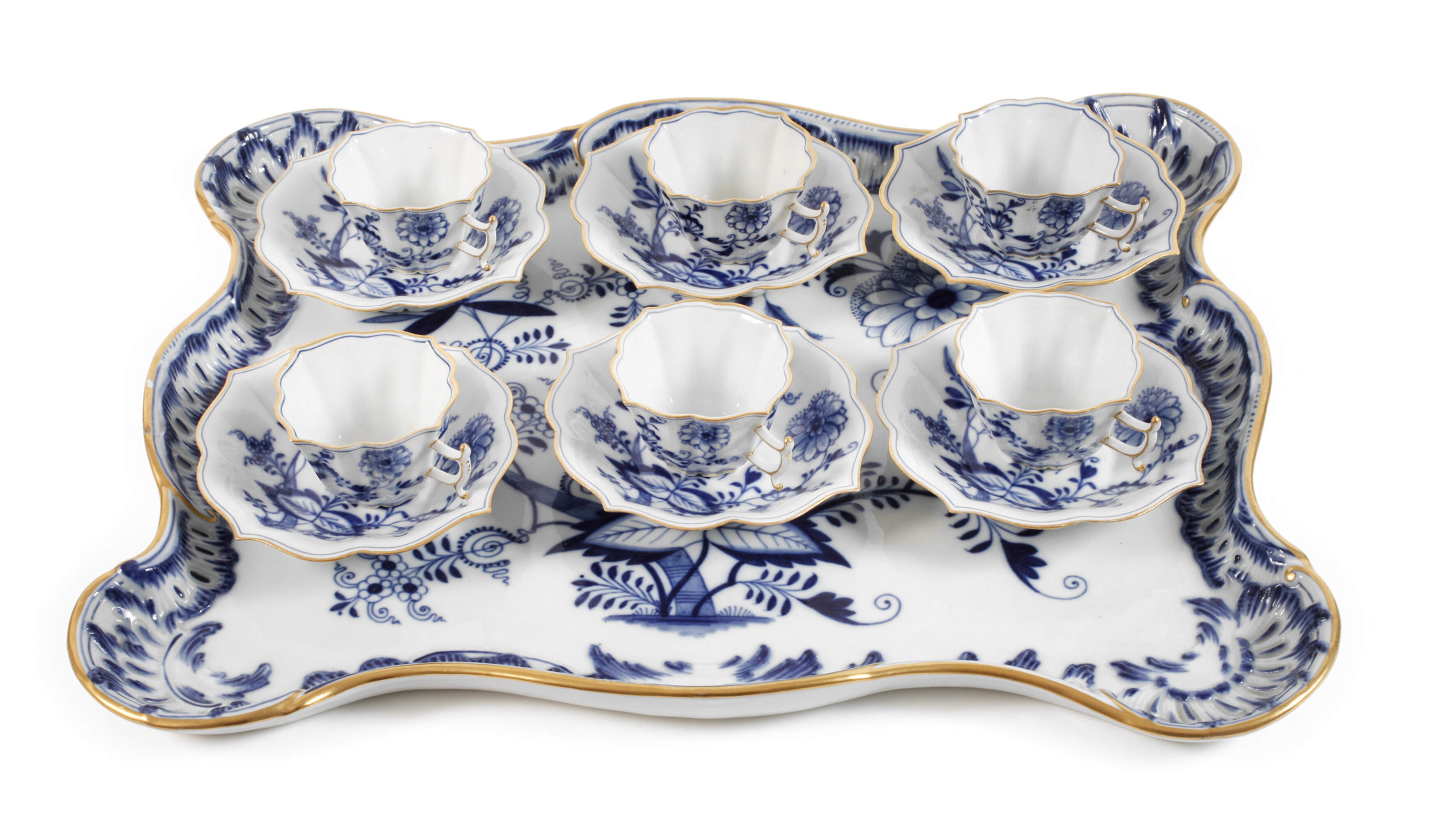 Meissen sechs Tassen mit Tablett "Zwiebelmuster"