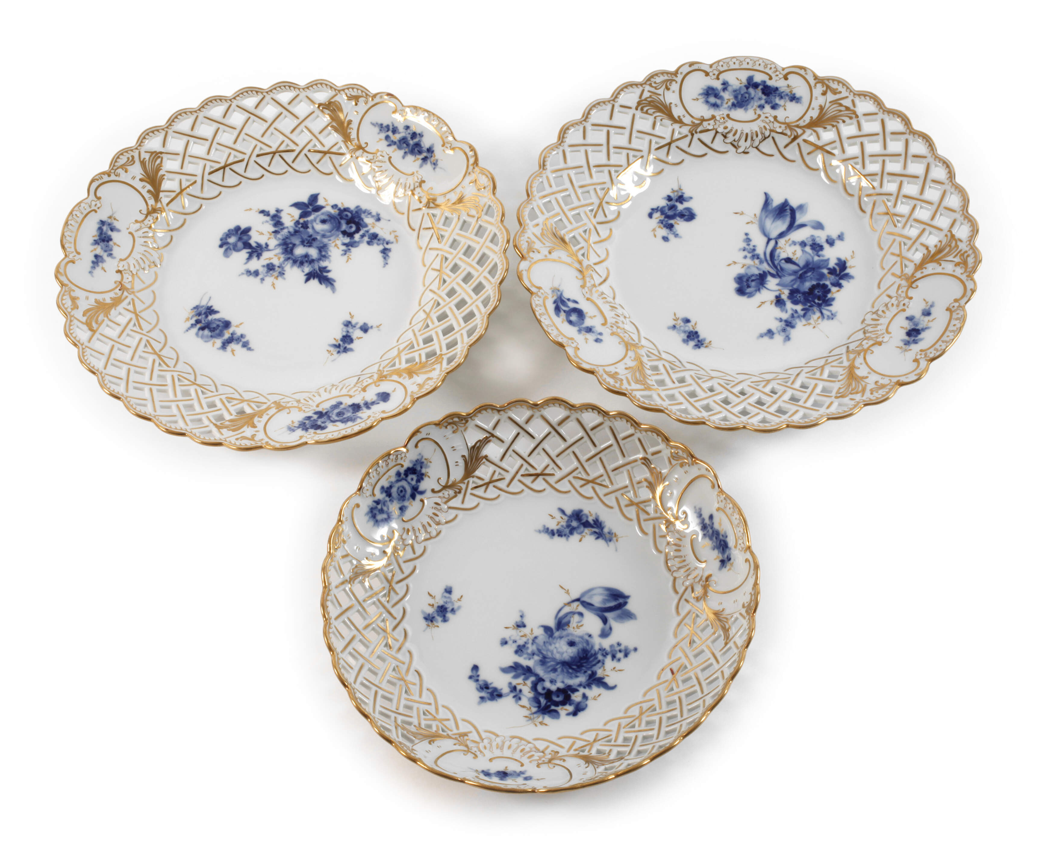 Meissen drei Durchbruchteile "Blaue Blume/Gold"