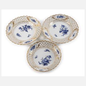 Meissen drei Durchbruchteile "Blaue Blume/Gold"