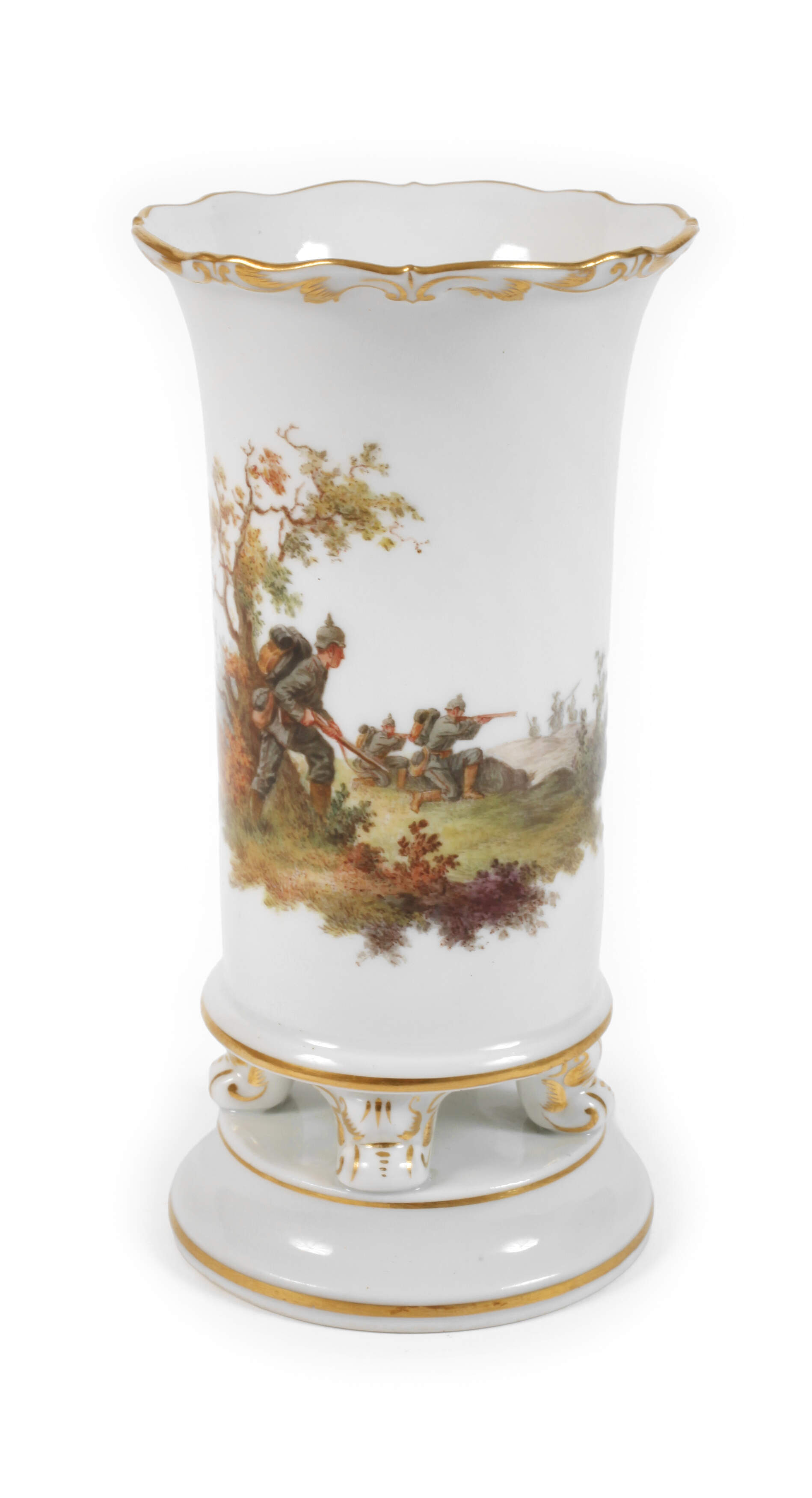 Meissen kleine Fußvase Soldatenszene