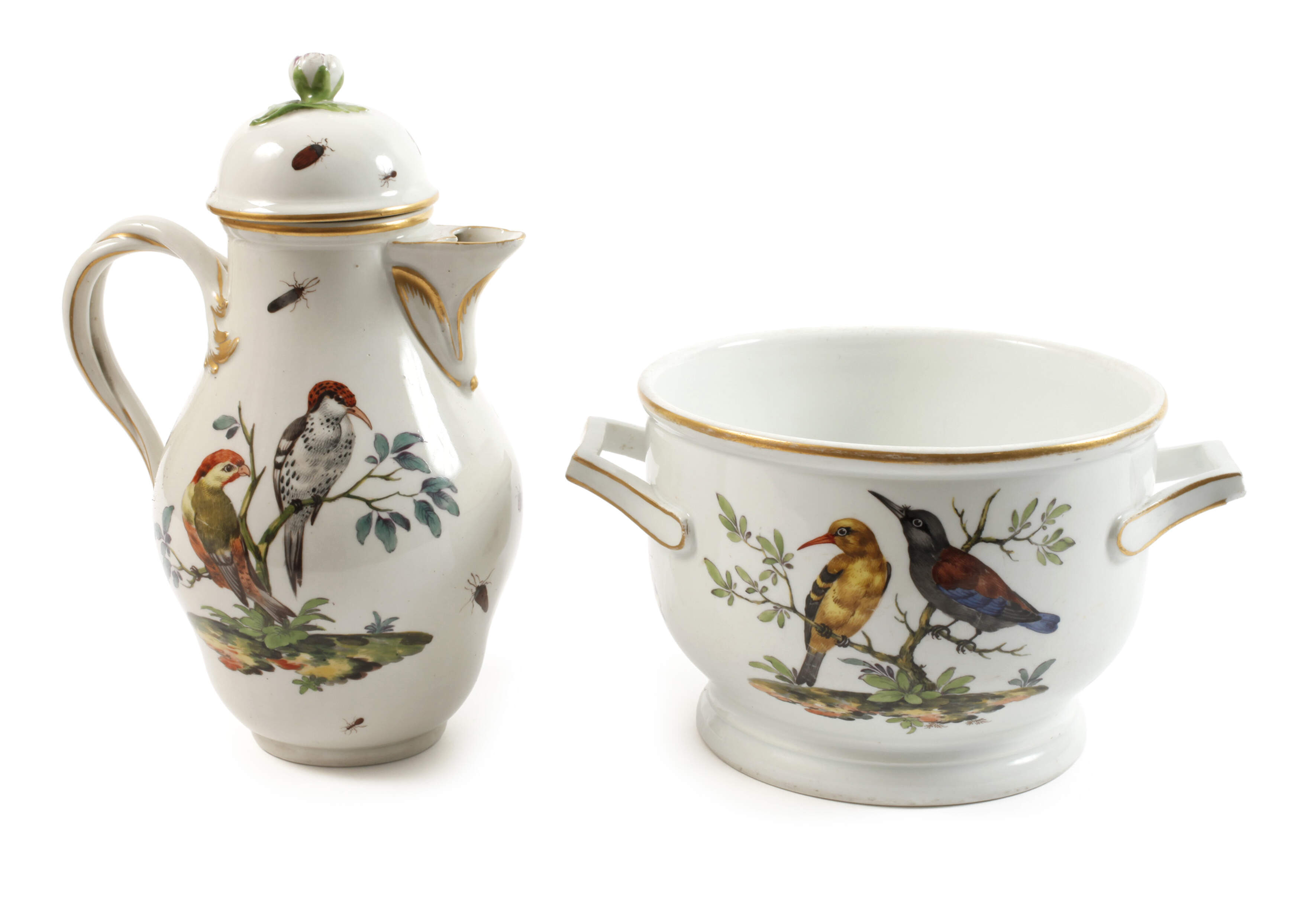Meissen Kanne und Cachepot "Vogelmalerei"