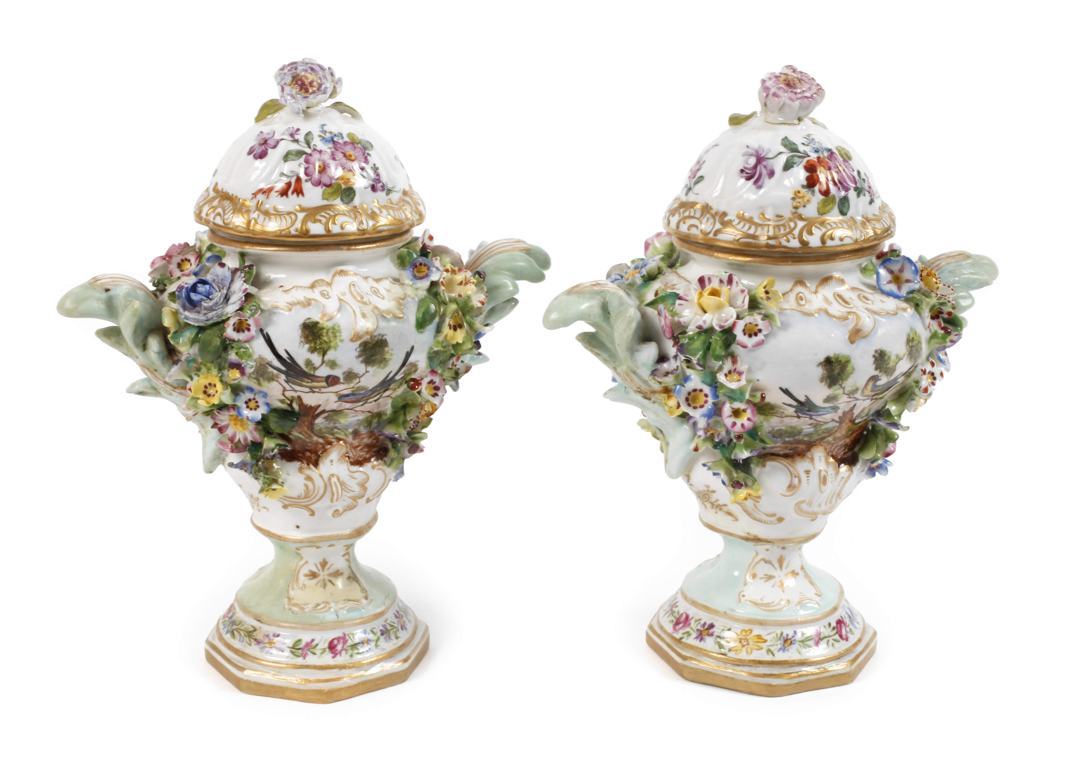 Paar kleine Prunkvasen Vogelmalerei