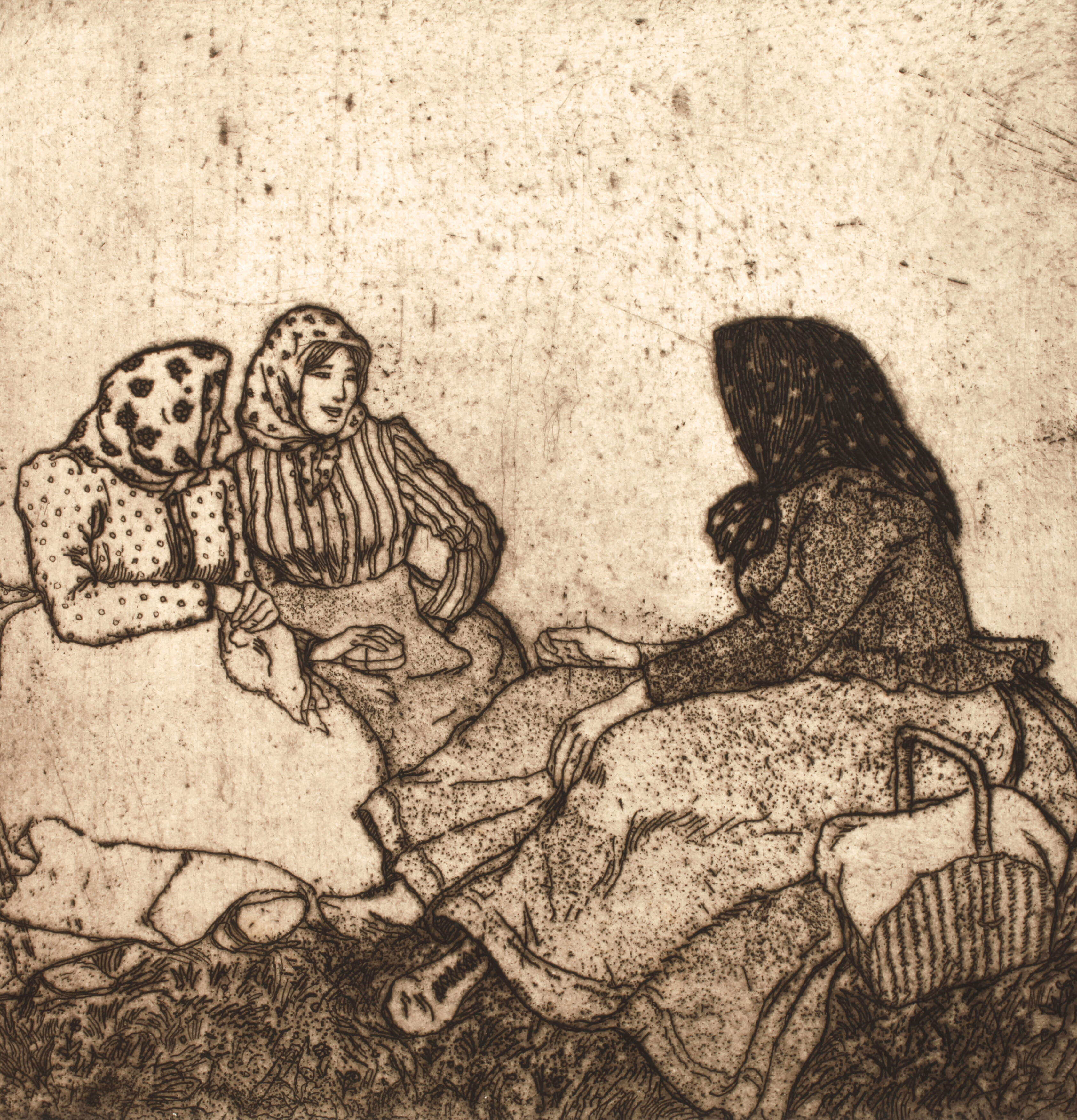 Emil Orlik, "Drei Bäuerinnen im Gespräch"