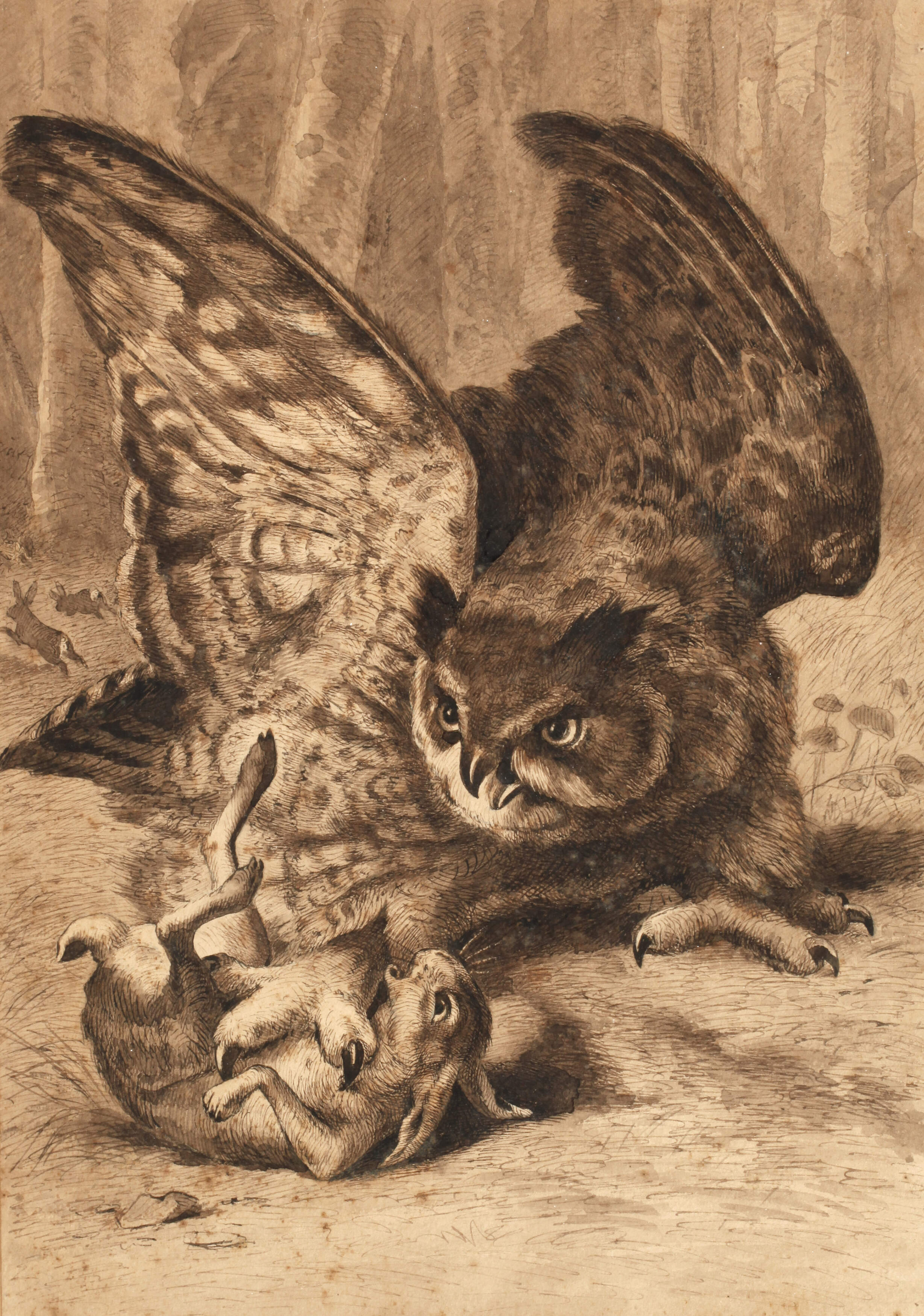 Ludwig Beckmann attr., “Uhu Kaninchen überfallend”