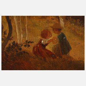 Ludwig von Hagn, attr., "Waldinterieur mit zwei Kindern"