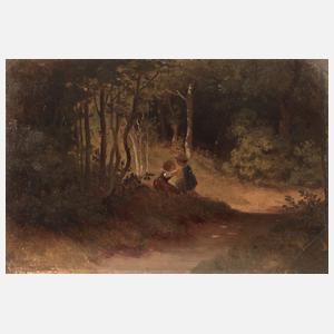 Ludwig von Hagn, attr., "Waldinterieur mit zwei Kindern"