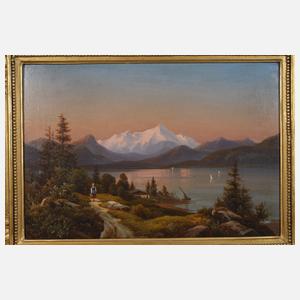 Spätromantiker, Frau am abendlichen Alpensee