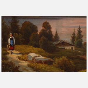 Spätromantiker, Frau am abendlichen Alpensee